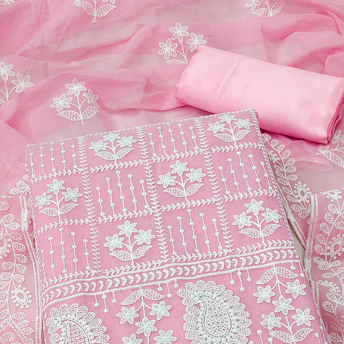 Light Pink Floral Embroidered Chanderi Cotton Dress Material
