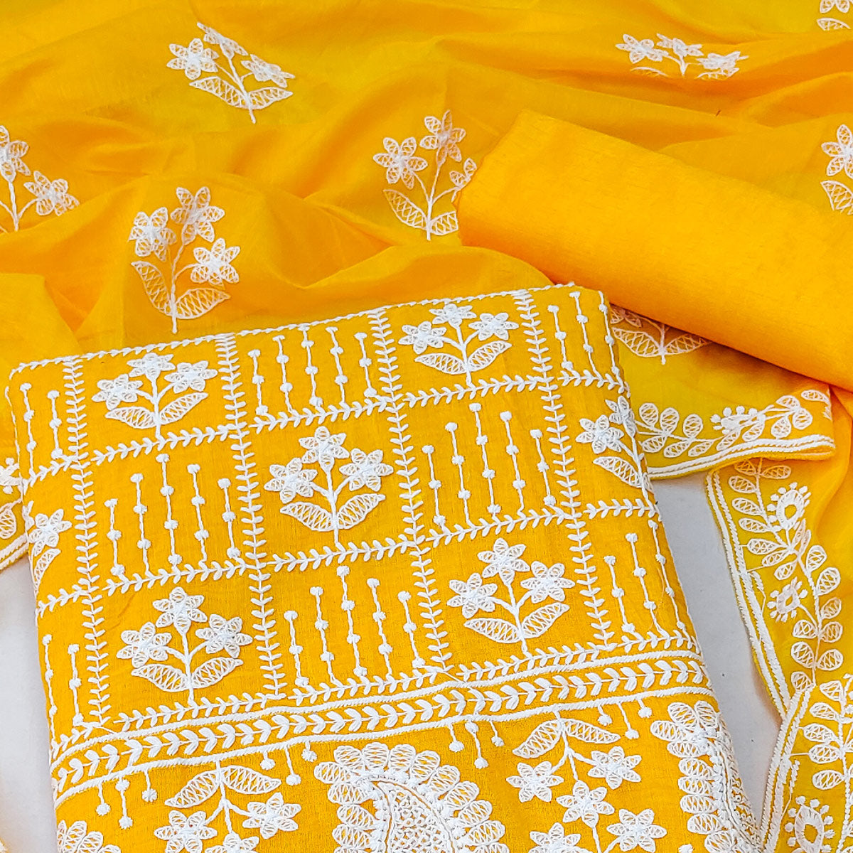 Yellow Floral Embroidered Chanderi Cotton Dress Material