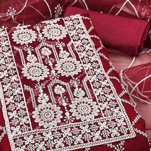 Maroon Sheer Organza Suit Material with Floral Embroidery Detailing