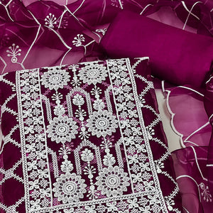 Wine Floral Embroidered Organza Dress Material