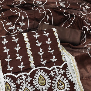 Brown Floral Embroidered Chanderi Cotton Dress Material