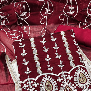 Maroon Floral Embroidered Chanderi Cotton Dress Material
