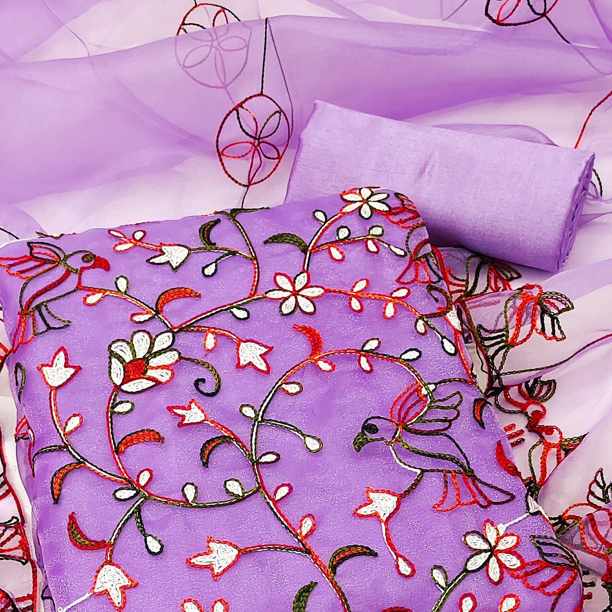 Lavender Floral Embroidered Organza Dress Material