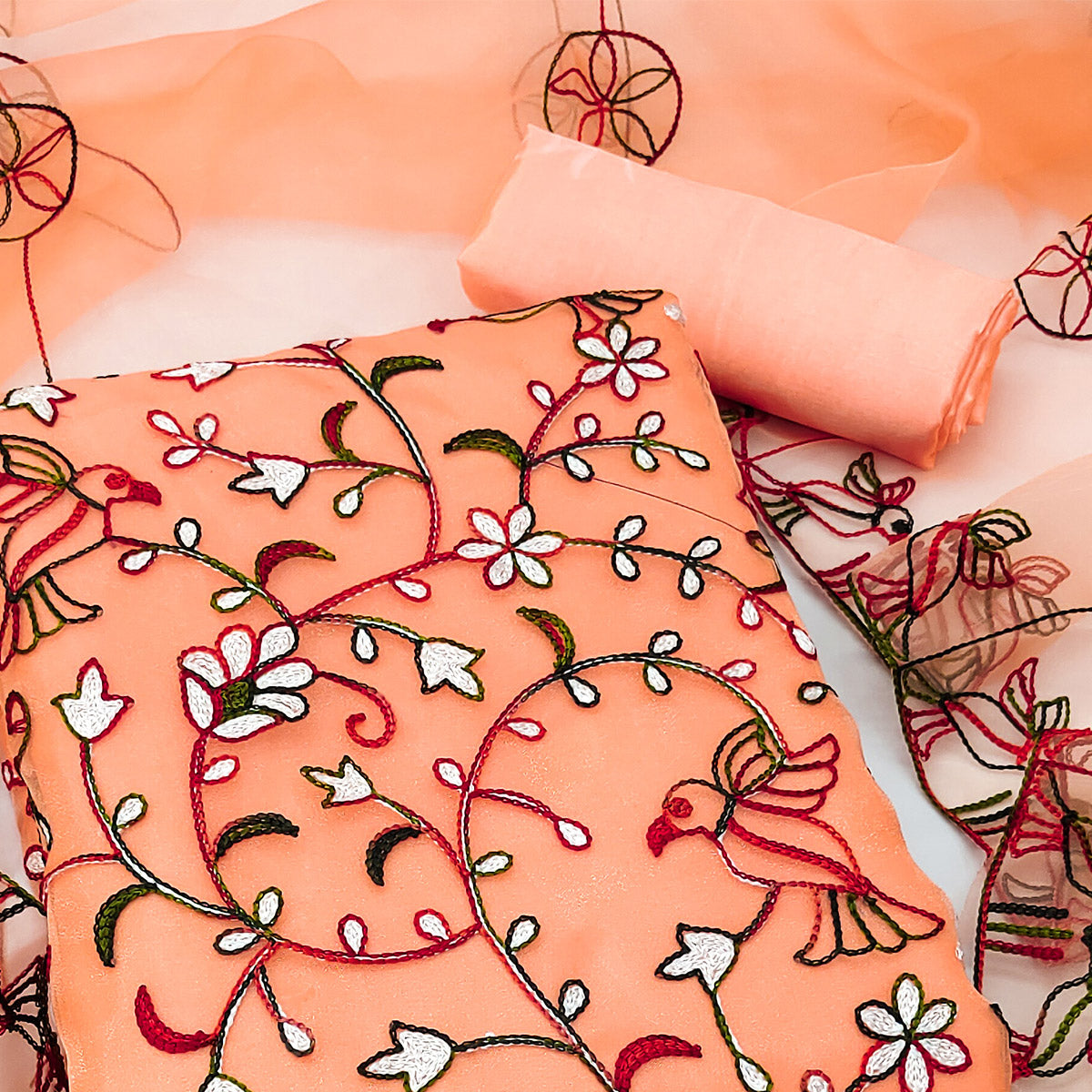 Peach Floral Embroidered Organza Dress Material