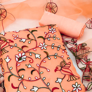 Peach Floral Embroidered Organza Dress Material