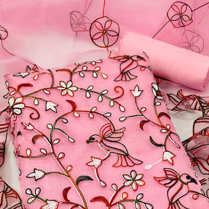 Pink Floral Embroidered Organza Dress Material