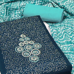 Blue Floral Embroidered Cotton Blend Dress Material Adorned With Sparkling Sequins Work