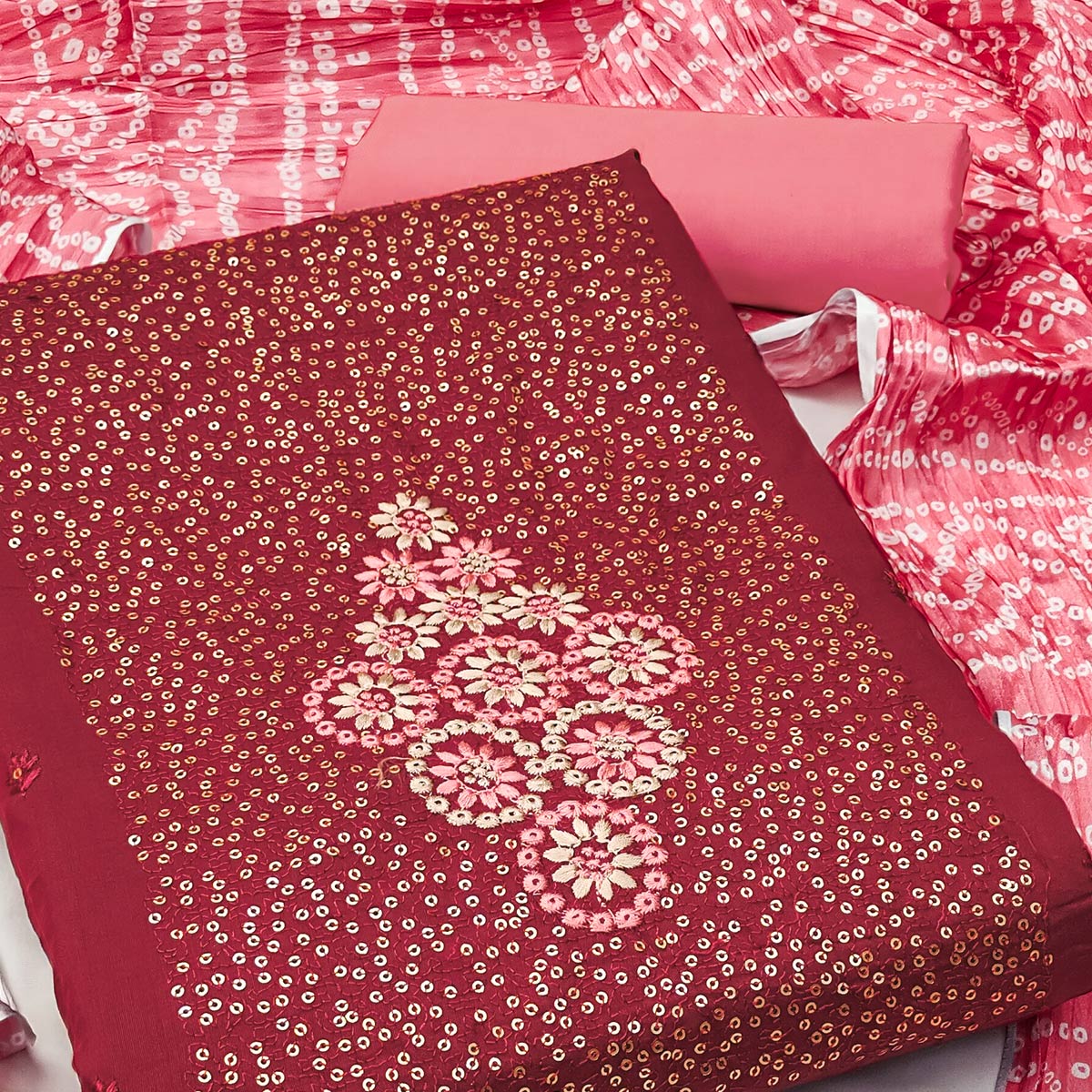 Maroon Floral Embroidered Cotton Blend Dress Material Adorned With Sparkling Sequins Work
