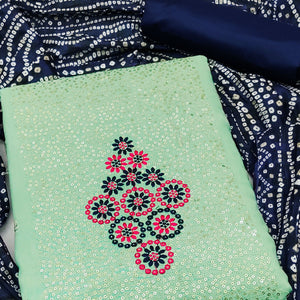 Sea Green Floral Embroidered Cotton Blend Dress Material Adorned With Sparkling Sequins Work