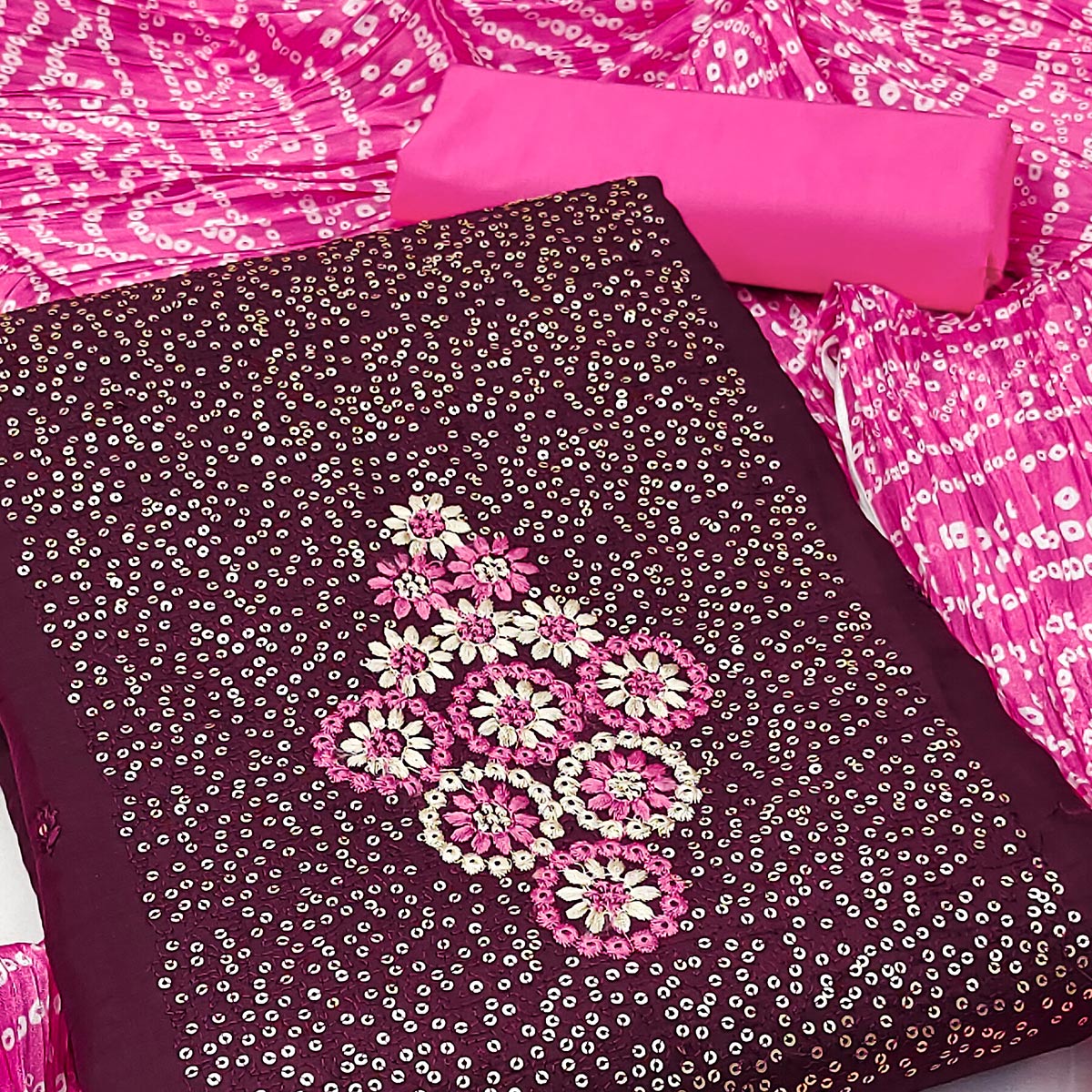 Wine Floral Embroidered Cotton Blend Dress Material Adorned With Sparkling Sequins Work