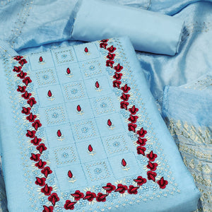 Blue Floral Embroidery Cotton Blend Dress Material Enhanced With Shimmering Sequins Work