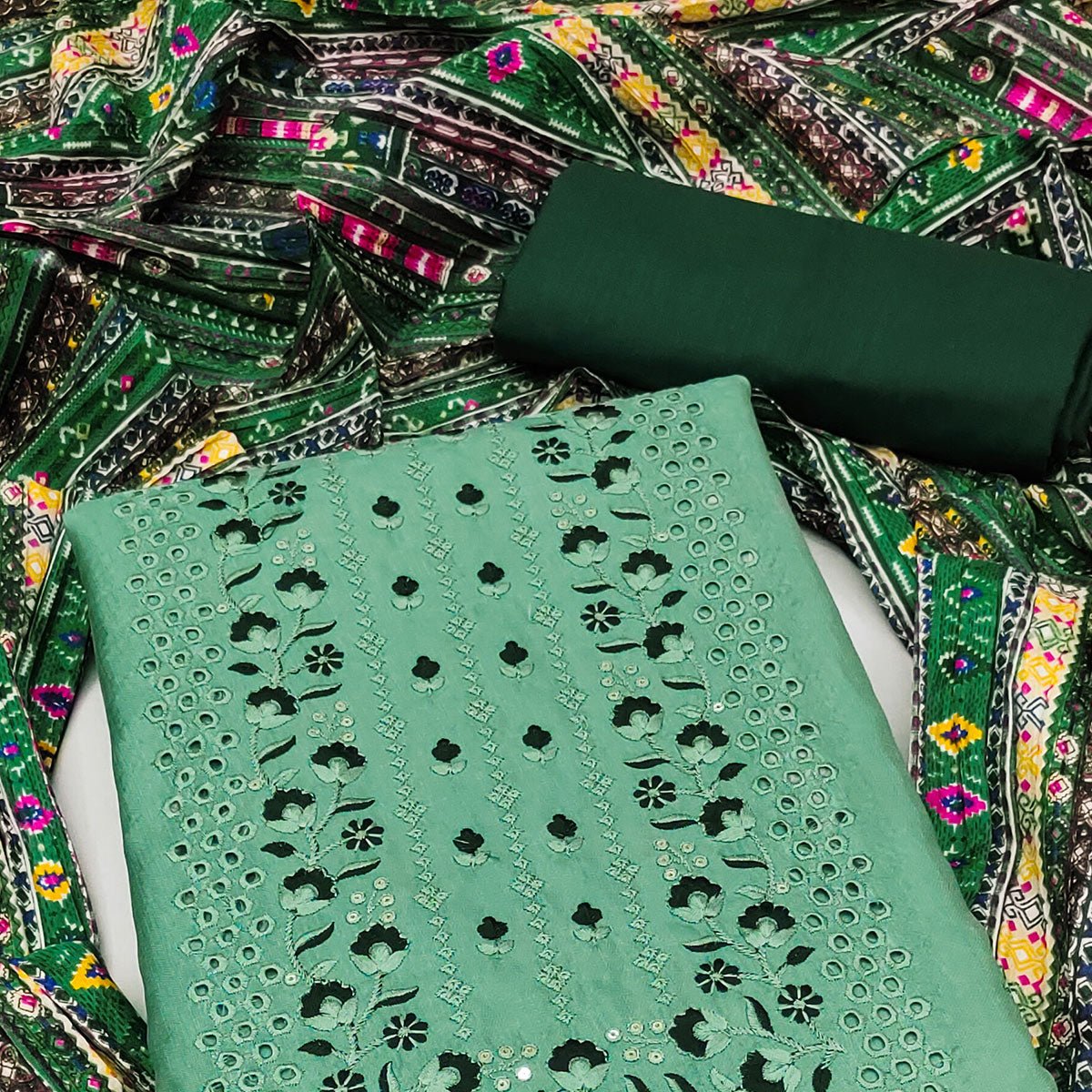 Green Floral Sequins Embroidered Cotton Silk Dress Material