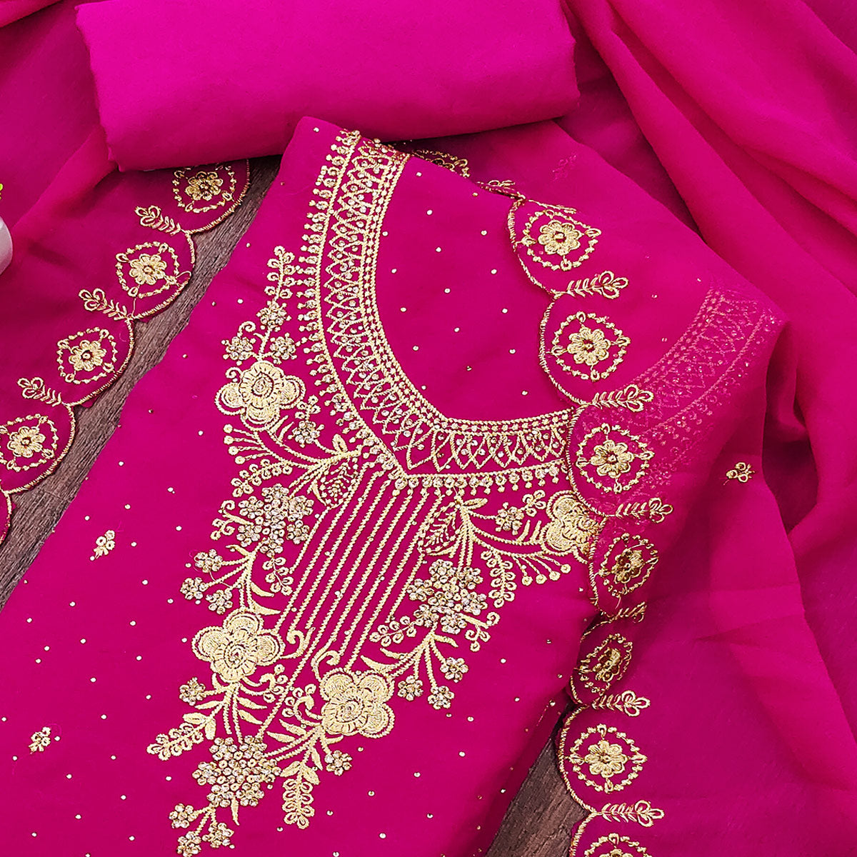 Rani Pink Georgette Dress Material Accented With Delicate Floral Embroidery