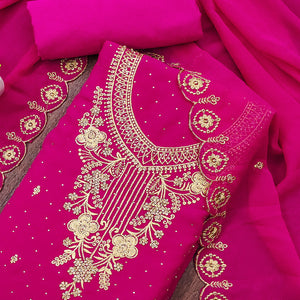 Rani Pink Georgette Dress Material Accented With Delicate Floral Embroidery