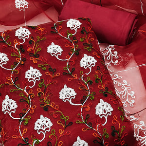 Elegant Maroon Organza Dress Material Ensemble With Exquisite Floral Embroidery