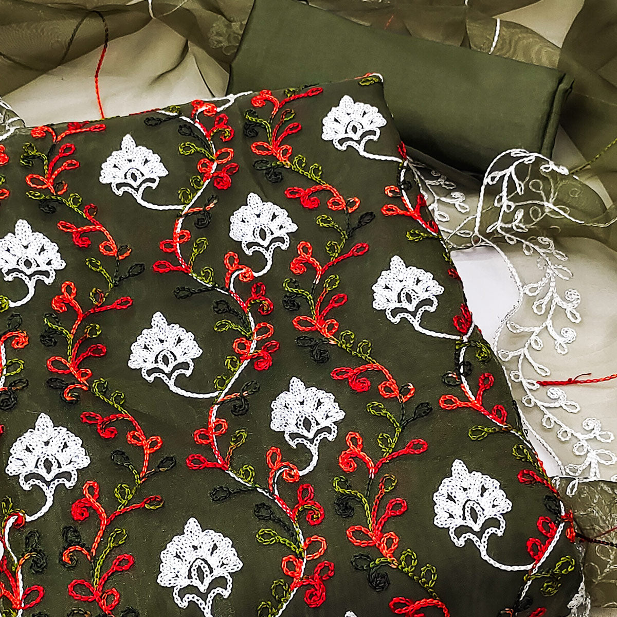 Elegant Mehendi Green Organza Dress Material Ensemble With Exquisite Floral Embroidery