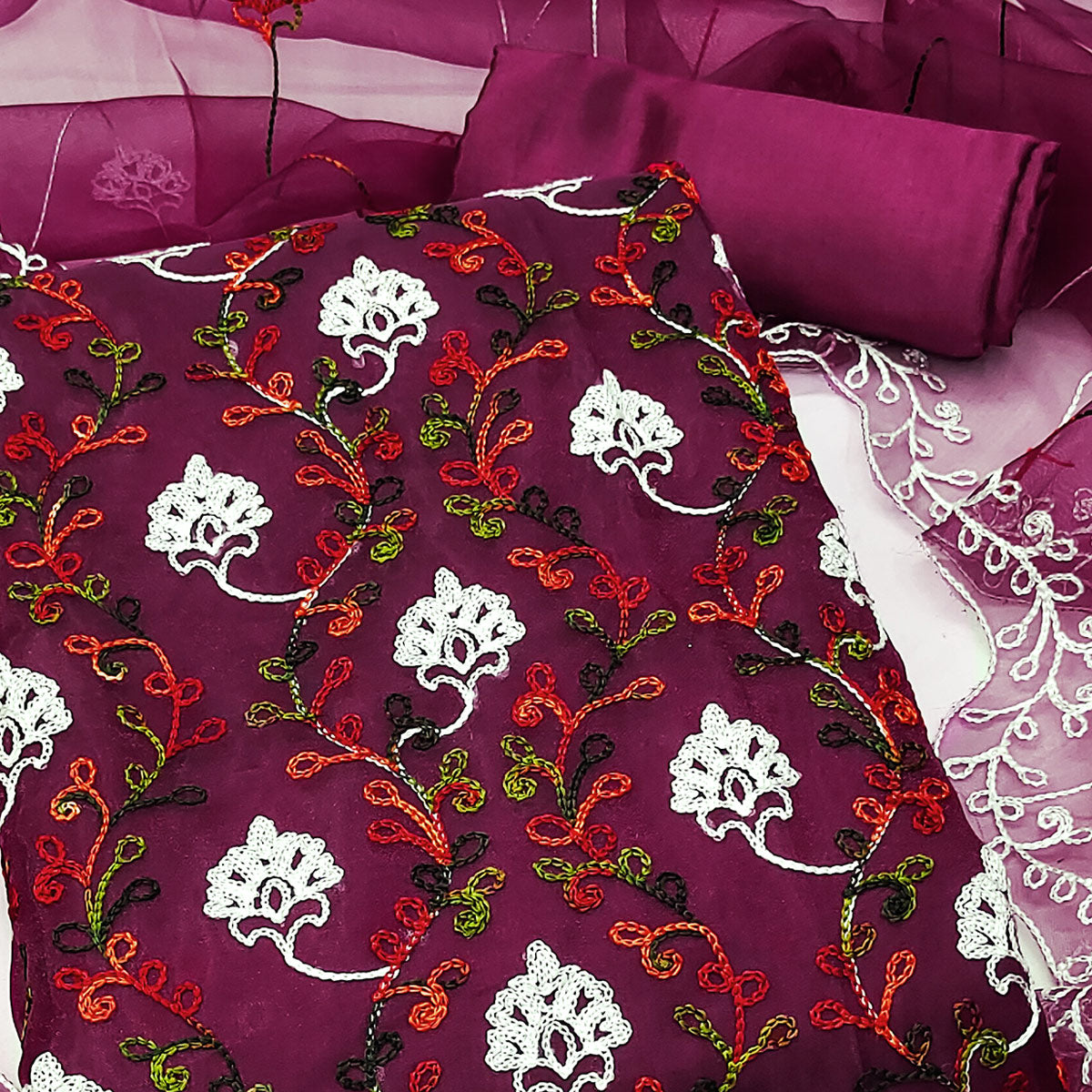 Elegant Wine Organza Dress Material Ensemble With Exquisite Floral Embroidery