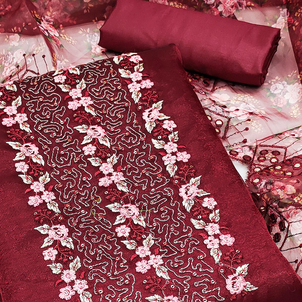 Maroon Organza Dress Material With Glimmering Floral Sequins Embroidery