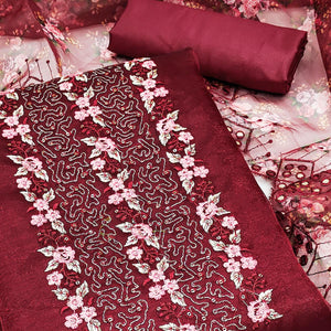 Maroon Organza Dress Material With Glimmering Floral Sequins Embroidery