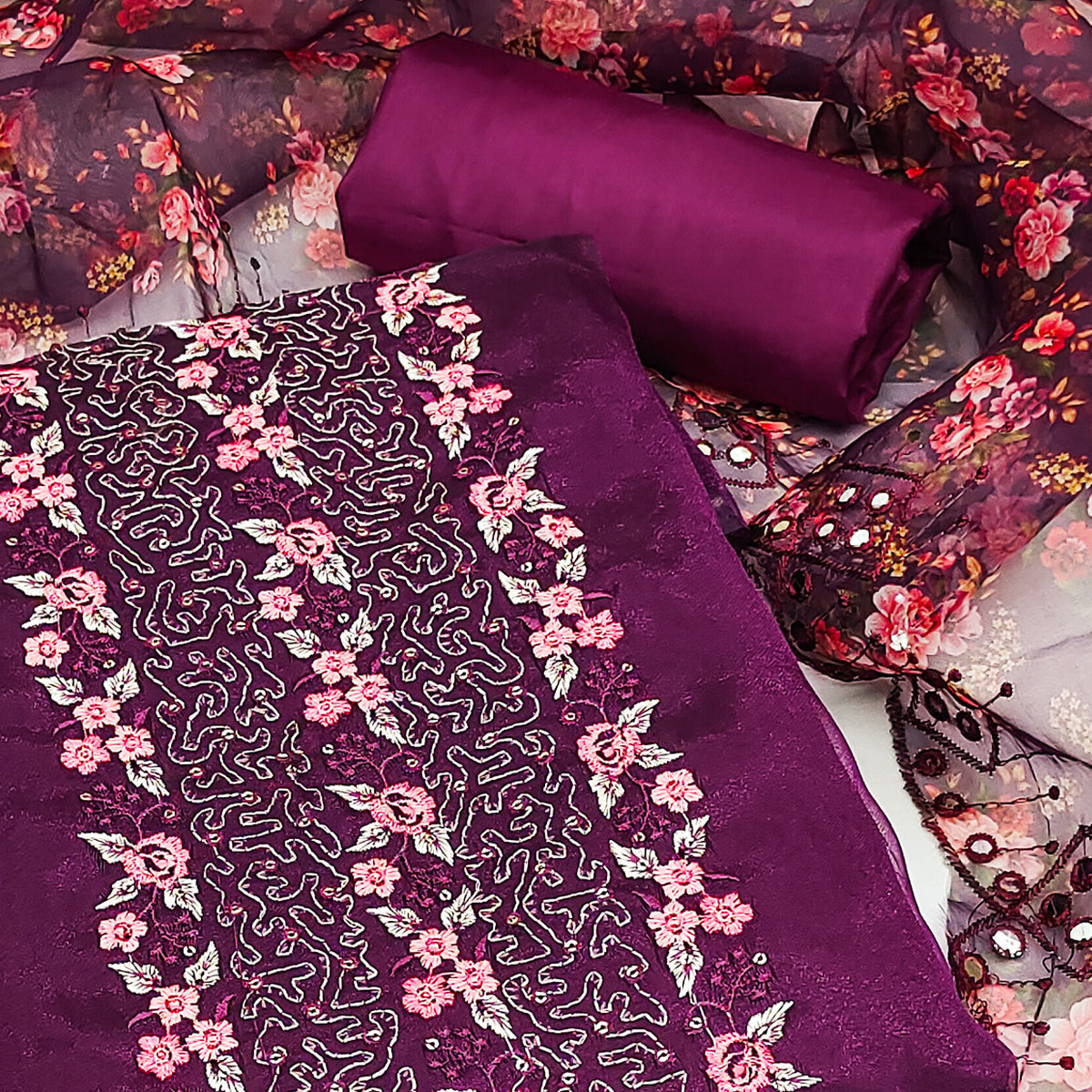 Purple Organza Dress Material With Glimmering Floral Sequins Embroidery