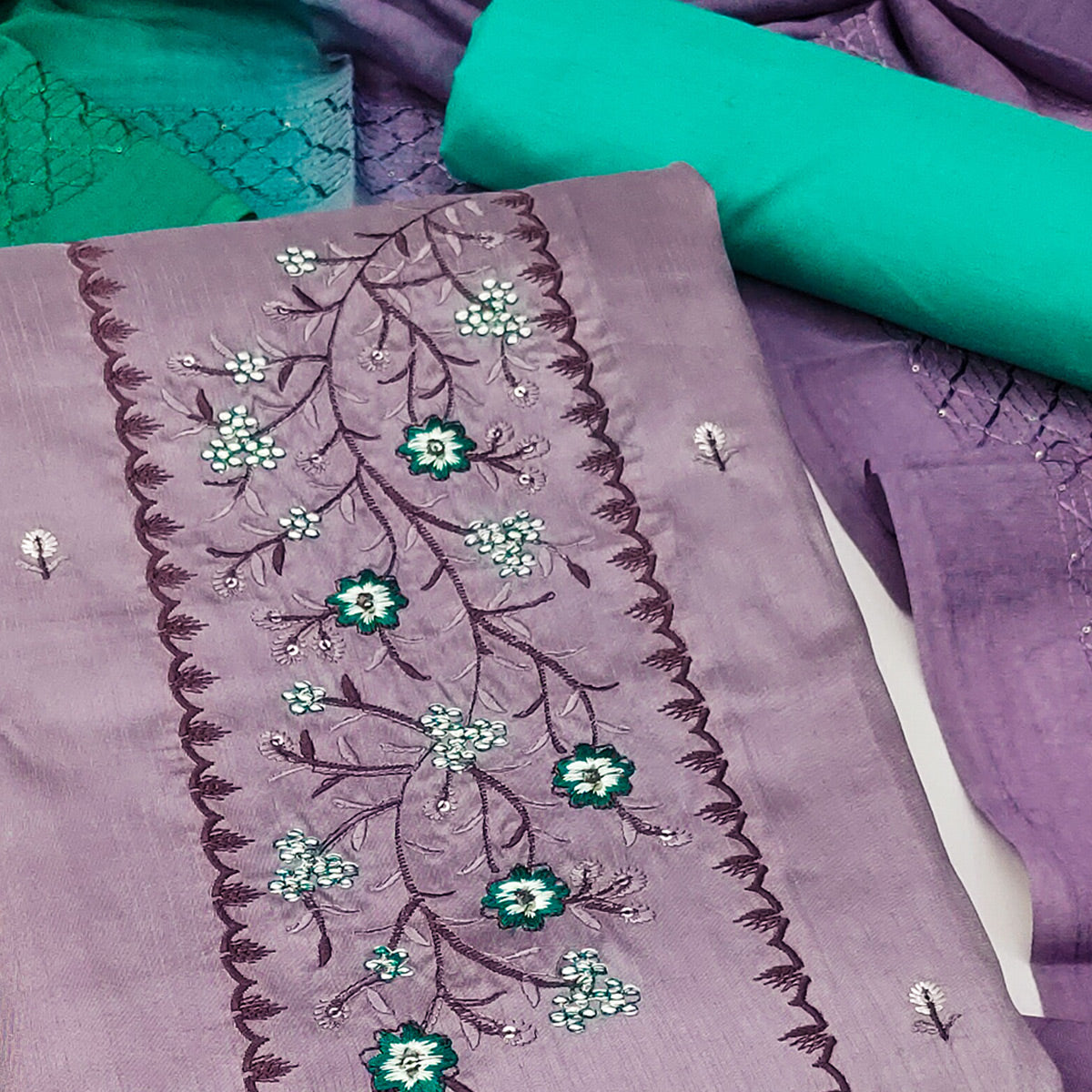 Lavender Grace Cotton Blend Dress Material With Floral Thread Embroidery & Sequins