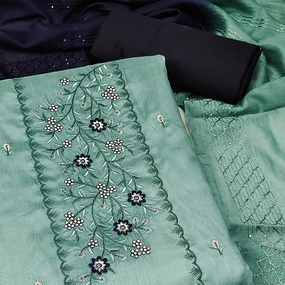 Soft Glow Pale Turquoise Dress Material With Threaded Florals & Sequin Accents