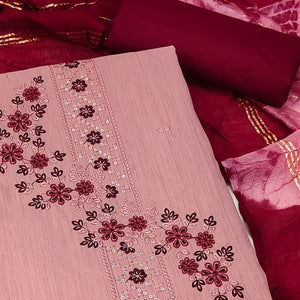 Blush Pink Cotton Blend Dress Material With Delicate Floral Thread & Sequin Embellishments