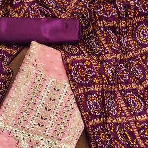 Pink Woven With Gota Work Jacquard Dress Material