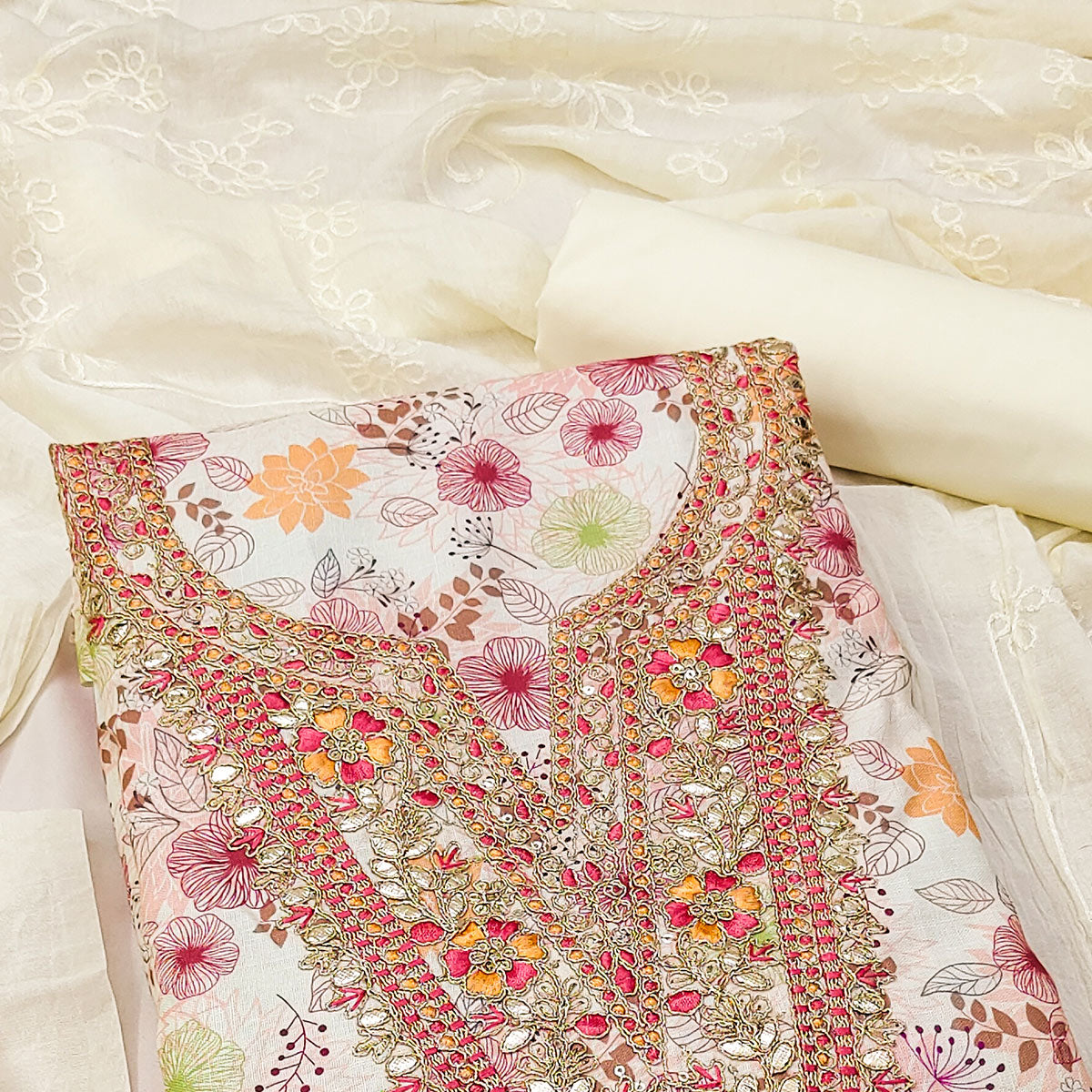 Cream Dress Material With Floral Digital Print & Subtle Sequins Embroidery Work