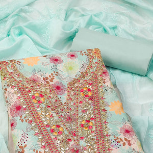 Turquoise Dress Material With Floral Digital Print & Subtle Sequins Embroidery Work