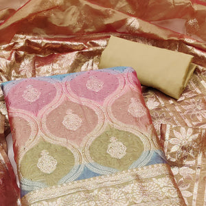 Chikoo Organza Banarasi Silk Dress Material With Zari & Sparkling Stone Embellishments