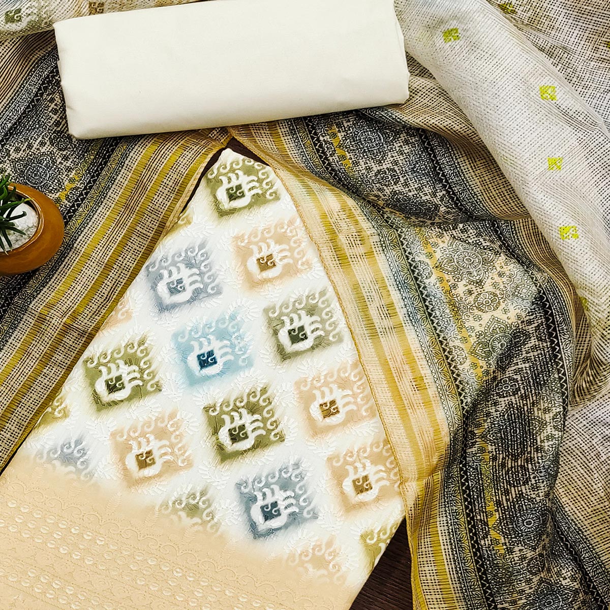 White & Cream Dress Material In Cotton Blend With Delicate Digital Print & Sifli Embroidery Work