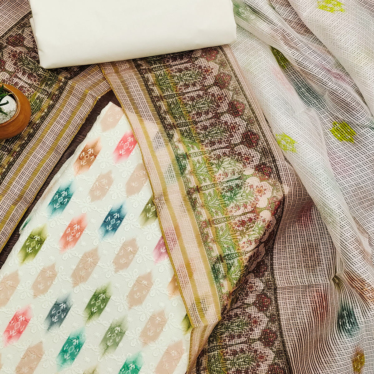 White & Beige Schiffli Embroidered Cotton Blend Dress Material With Digital Print