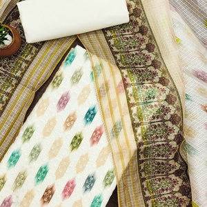 White & Pale Yellow Schiffli Embroidered Cotton Blend Dress Material With Digital Print