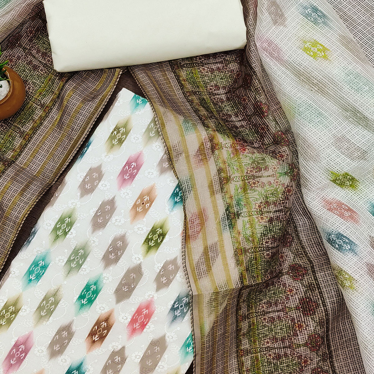 White & Taupe Schiffli Embroidered Cotton Blend Dress Material With Digital Print