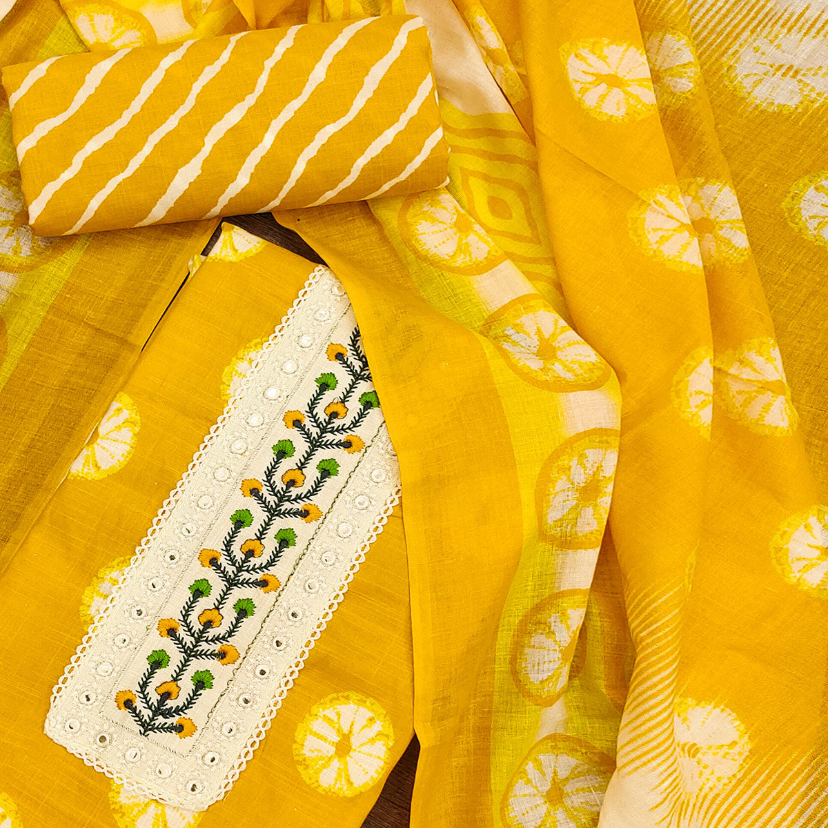 Yellow Printed With Embroidered Cotton Blend Dress Material