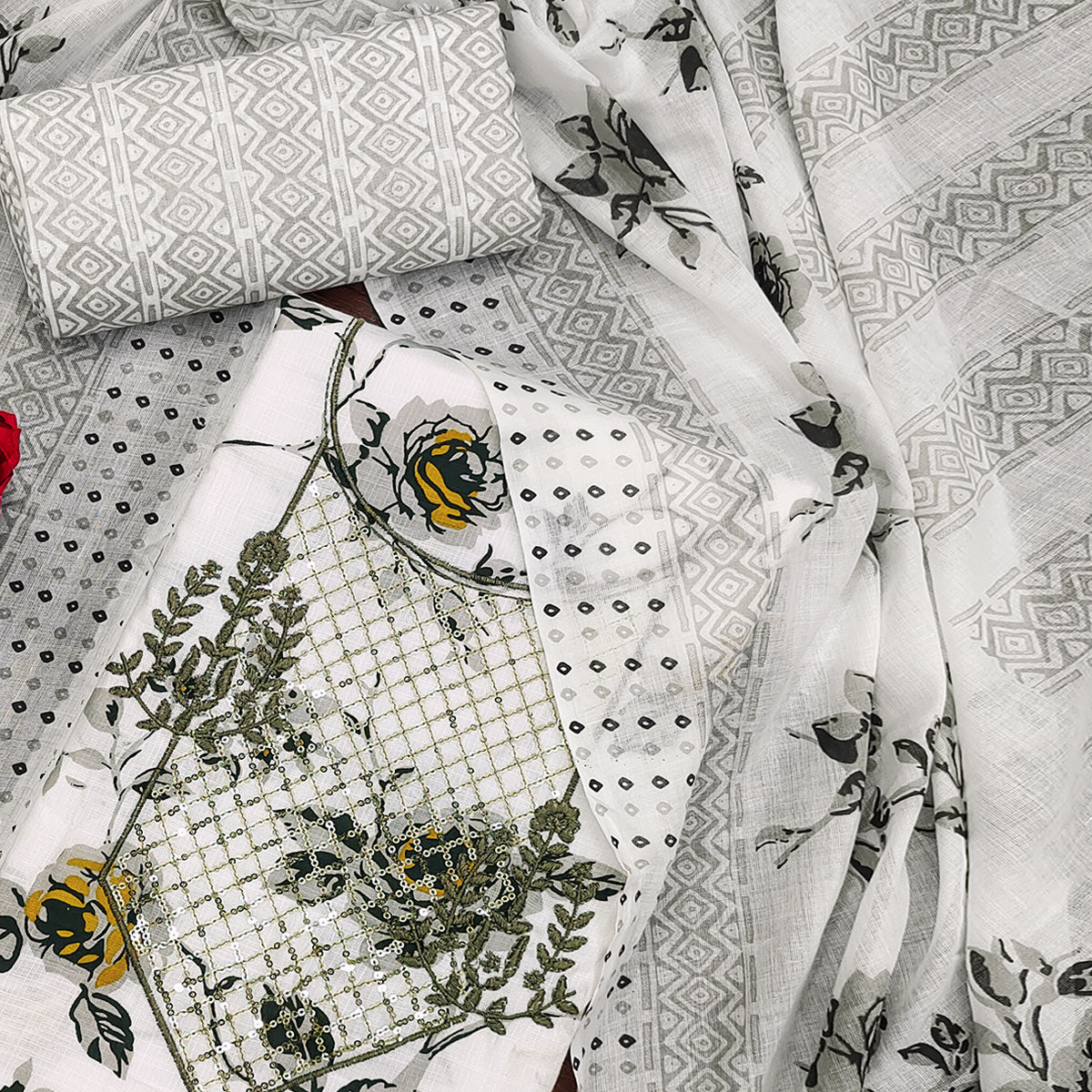 White & Grey Floral Printed With Sequins Work Cotton Blend Dress Material