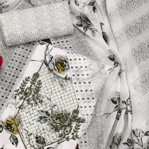 White & Grey Floral Printed With Sequins Work Cotton Blend Dress Material