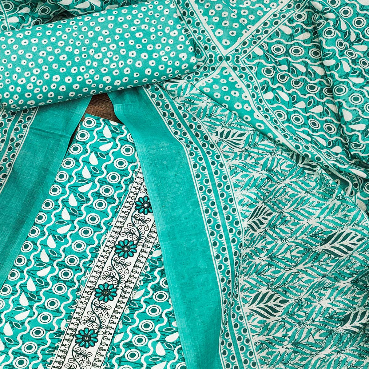 Turquoise Printed With Embroidered Cotton Blend Dress Material