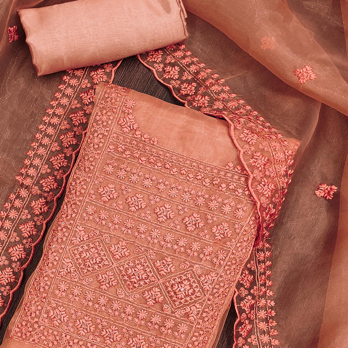 Orange Organza Dress Material With Sequins & Floral Thread Embroidery