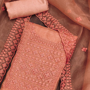 Orange Organza Dress Material With Sequins & Floral Thread Embroidery