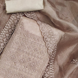 Taupe Organza Dress Material With Sequins & Floral Thread Embroidery