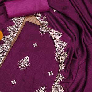 Wine Vichitra Silk Dress Material With Intricate Floral Zari Embroidery