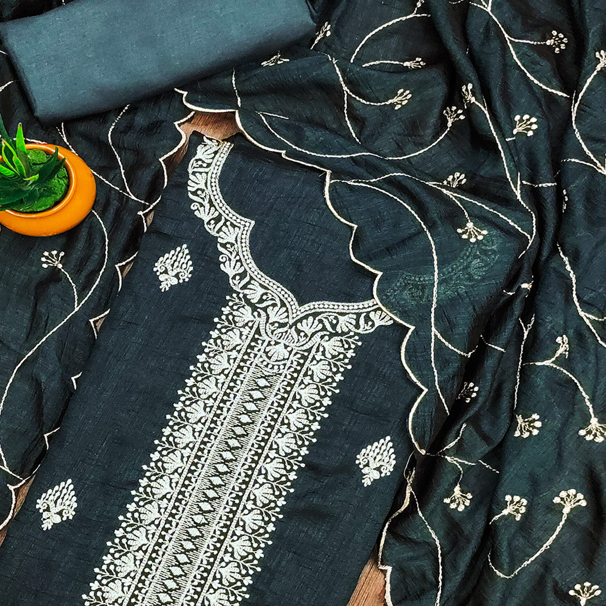 Dark Grey Vichitra Silk Dress Material with Graceful Floral Zari Embroidery