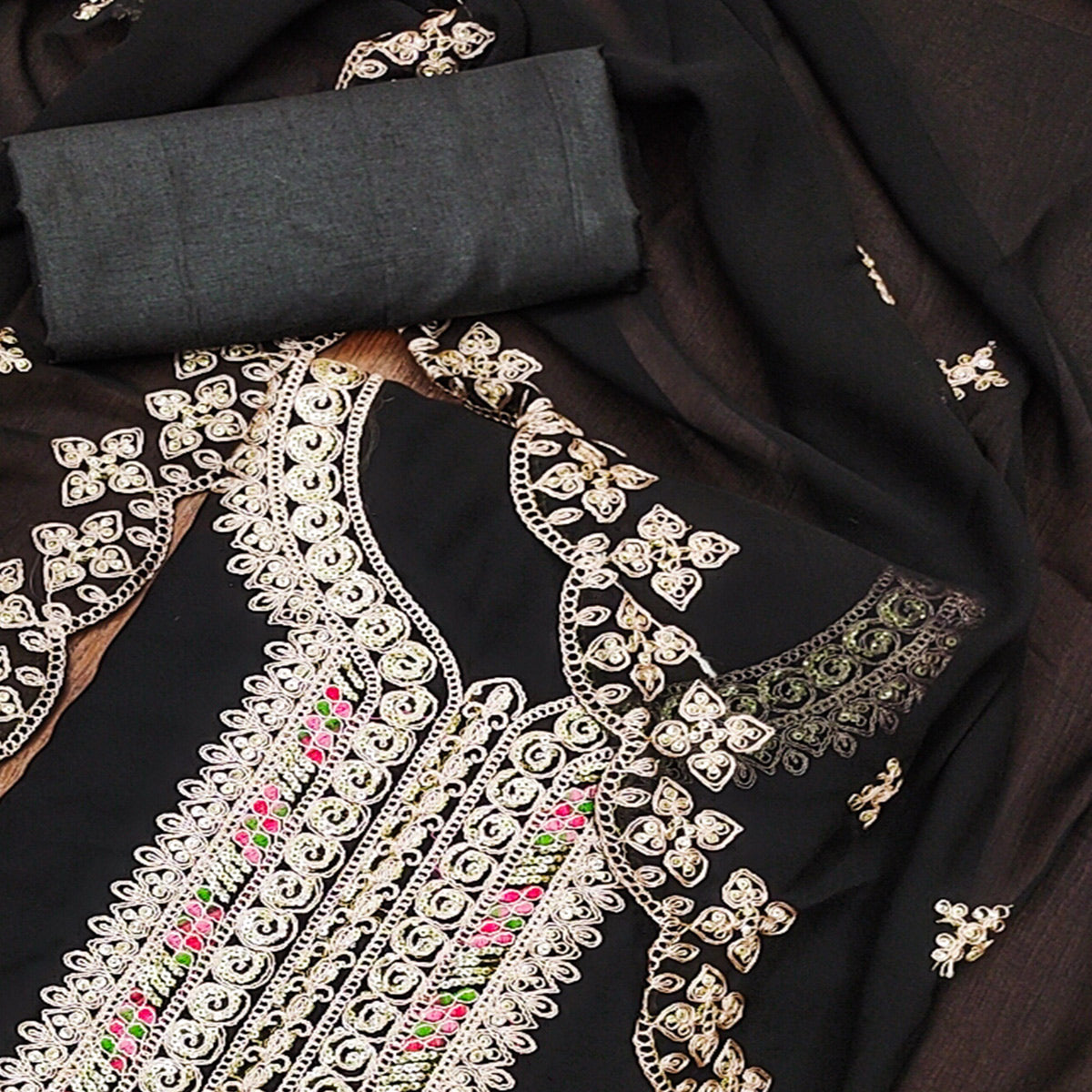 Black Floral Embroidered Georgette Dress Material