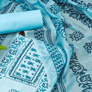 Blue Floral Printed Cotton Blend Dress Material