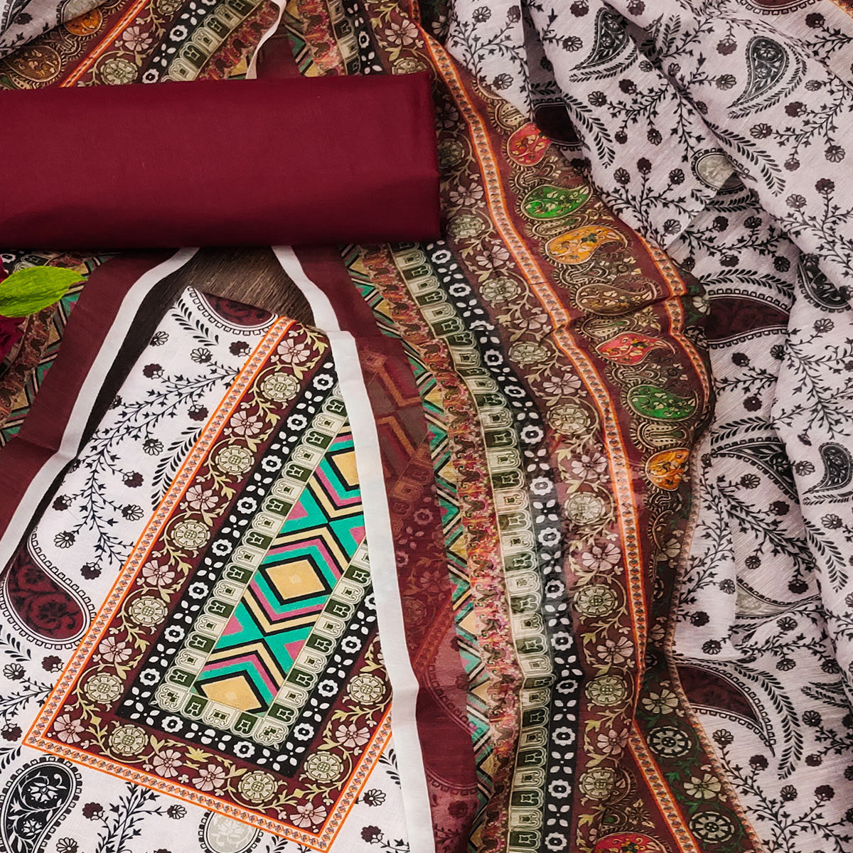 Maroon Floral Printed Cotton Blend Dress Material