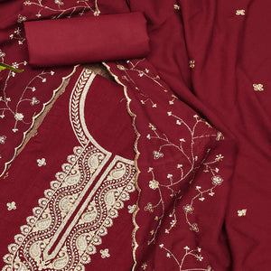 Maroon Floral Embroidered Vichitra Silk Dress Material