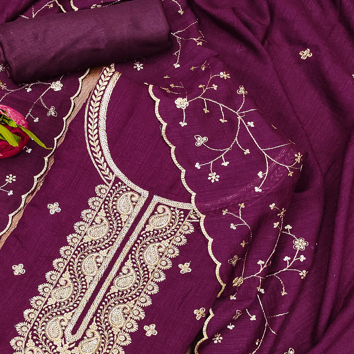 Purple Floral Embroidered Vichitra Silk Dress Material