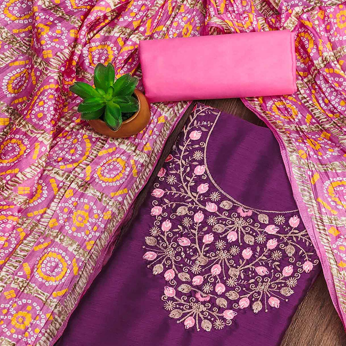 Purple Floral Sequins Embroidered Cotton Blend Dress Material